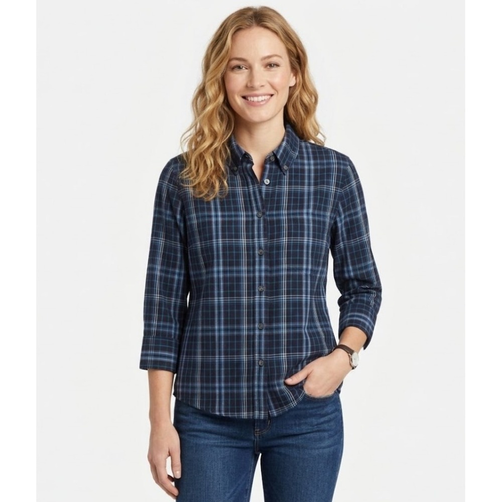 Theory Navy Plaid 3/4 Sleeve Crop Button Down Large Office Career Preppy‎